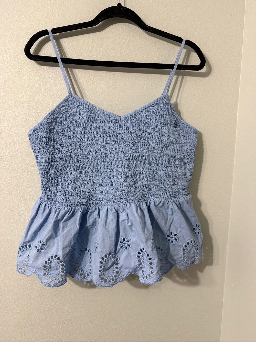 Light Blue Smocked Peplum Camisole Tank Top Eyelet Details 3XL 100% Cotton